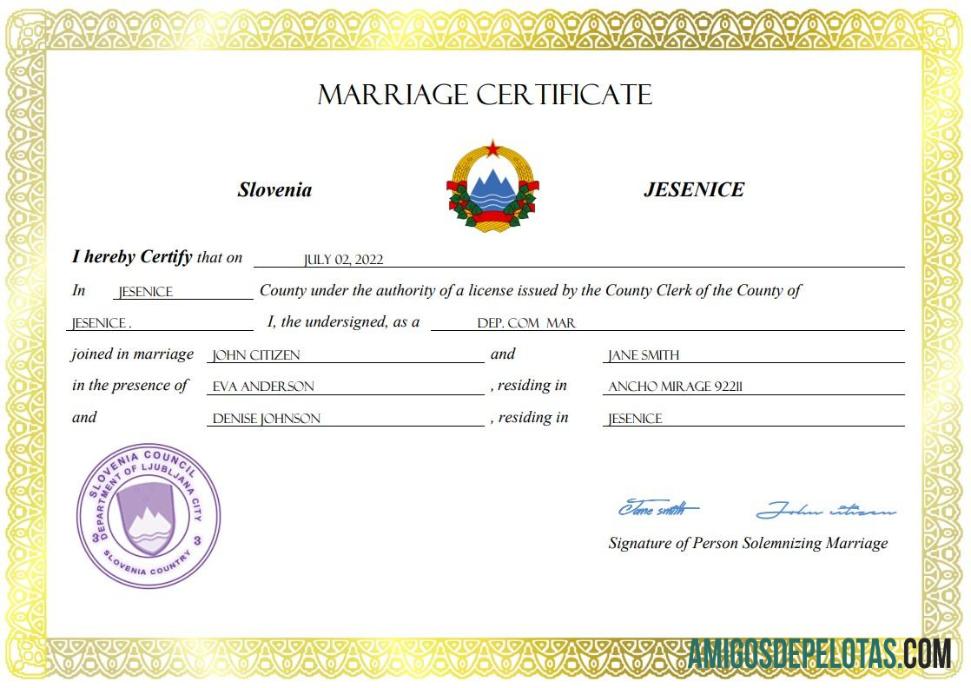Imprimível modelo Word e PDF de certidão de casamento na Eslovênia